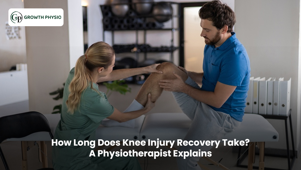Physiotherapist guiding a patient through knee rehabilitation exercises to improve strength, mobility, and recovery after a knee injury.