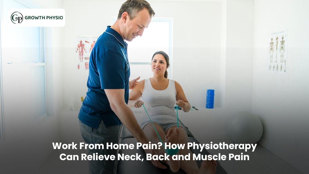 Physiotherapist treating a remote worker with neck and back pain caused by prolonged desk work and poor posture.