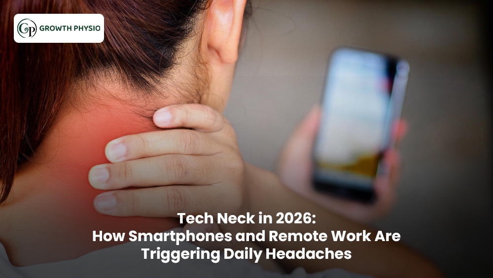 Professional working on a laptop while looking at a smartphone, showing poor posture that contributes to tech neck, neck pain, and daily headaches.